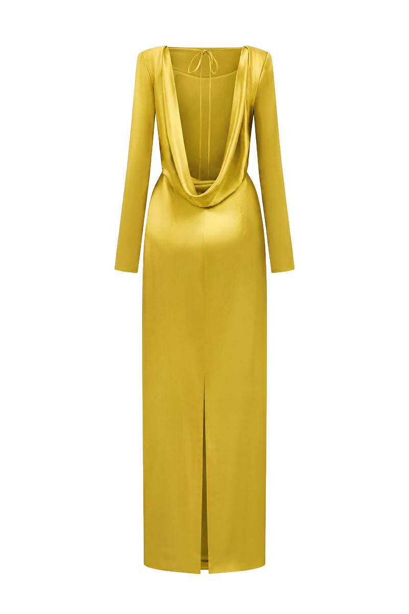 GOLD SATIN SILK DRESS WITH A DRAPED NECKLINE AND TIE DETAIL | CULT MIA