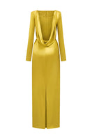 Dark yellow satin silk gown by I.H.F with long sleeves, draped back neckline, and tie detail.
