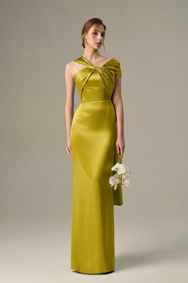 Dark yellow satin silk maxi dress by I.H.F featuring a twisted cross design and elegant pleated drape.