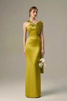 Dark yellow satin silk gown with twisted cross detail and pleated drape, elegant evening dress by I.H.F.