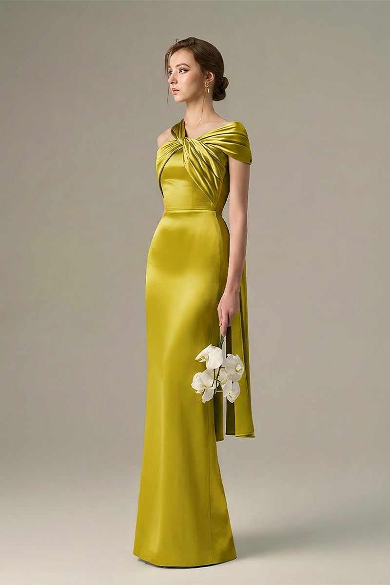 Dark yellow satin silk maxi dress by I.H.F with twisted cross detail and elegant pleated drape for sophisticated style.