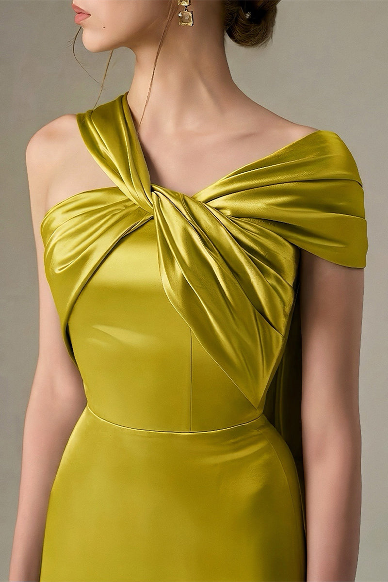 Dark yellow satin silk maxi dress by I.H.F featuring a twisted cross design and pleated drape, elegant and stylish for formal occasions.