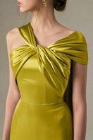 Dark yellow satin silk gown with twisted cross design and pleated drape by I.H.F, showcasing elegant evening wear.