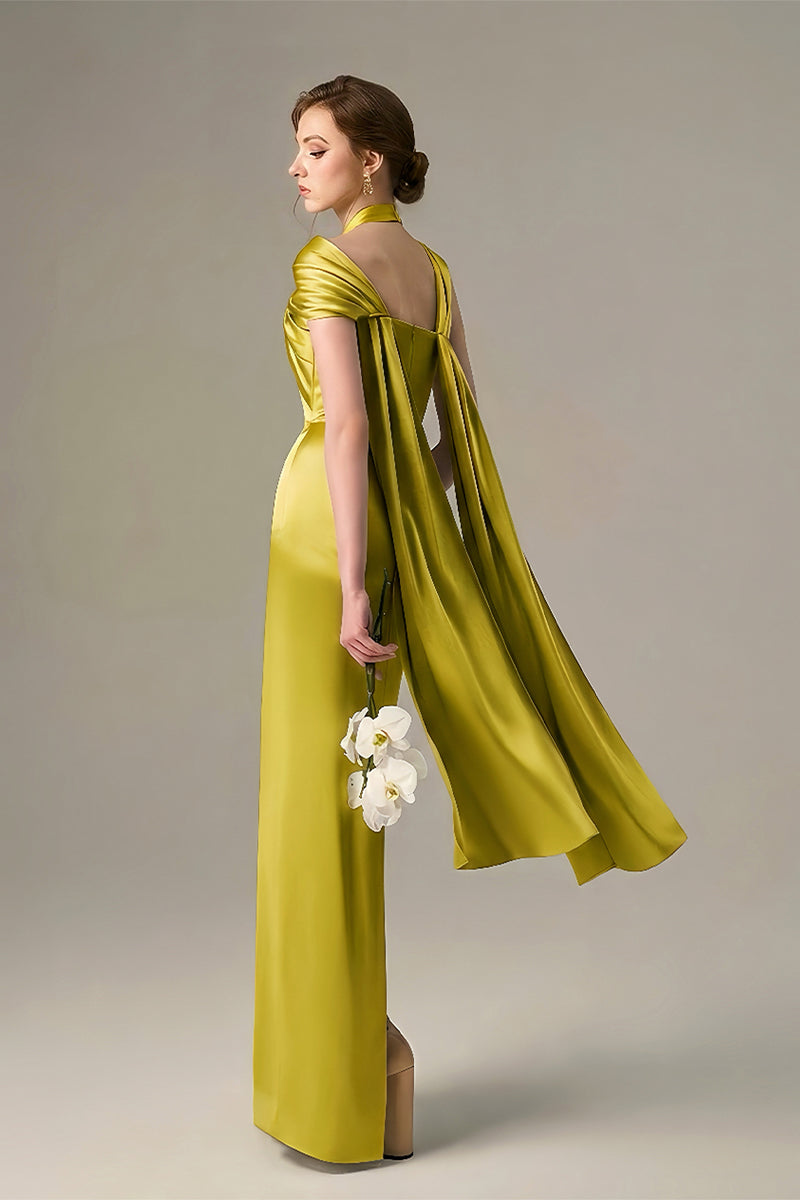 Dark yellow satin silk maxi dress with twisted cross detail and pleated drape by I.H.F, shown on a hanger.