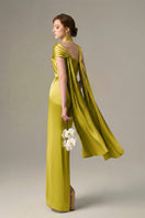 Dark yellow satin silk gown with twisted cross detail and pleated drape, designed by I.H.F.