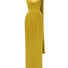 Dark yellow satin silk gown with twisted cross detail and pleated drape, designed by I.H.F.