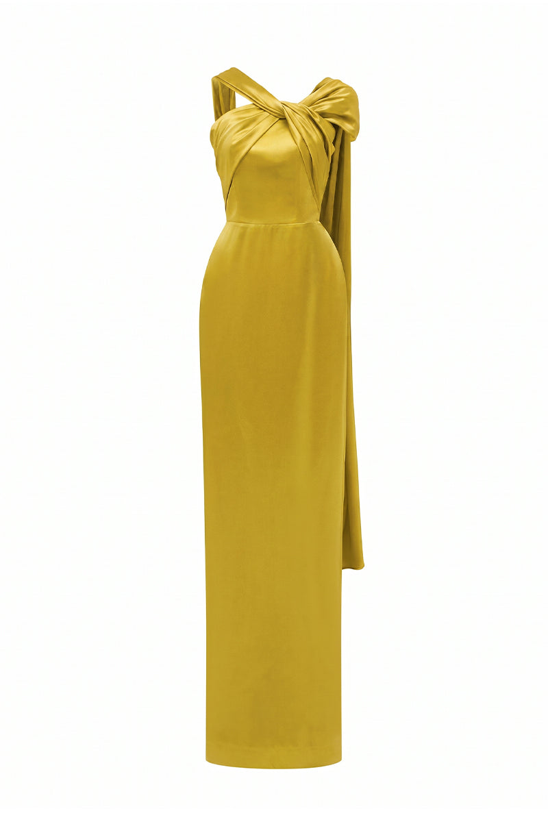 golden yellow silk dress GOLD SATIN WITH TWISTED CROSS AND PLEATED DRAPE Pastel Summer Elegance in atr_fit-regular-fit Hand Wash Cold Color:Floral Blue Orange