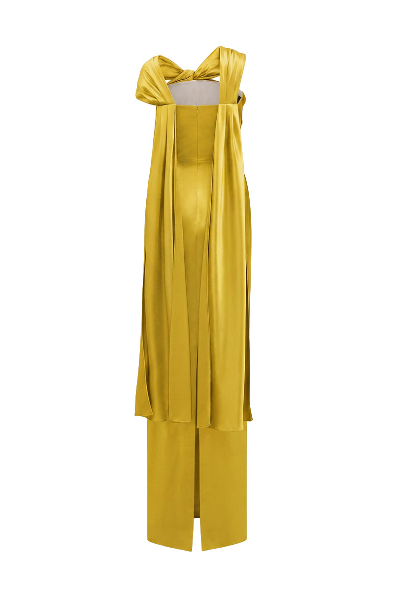 GOLD SATIN SILK DRESS WITH TWISTED CROSS AND PLEATED DRAPE