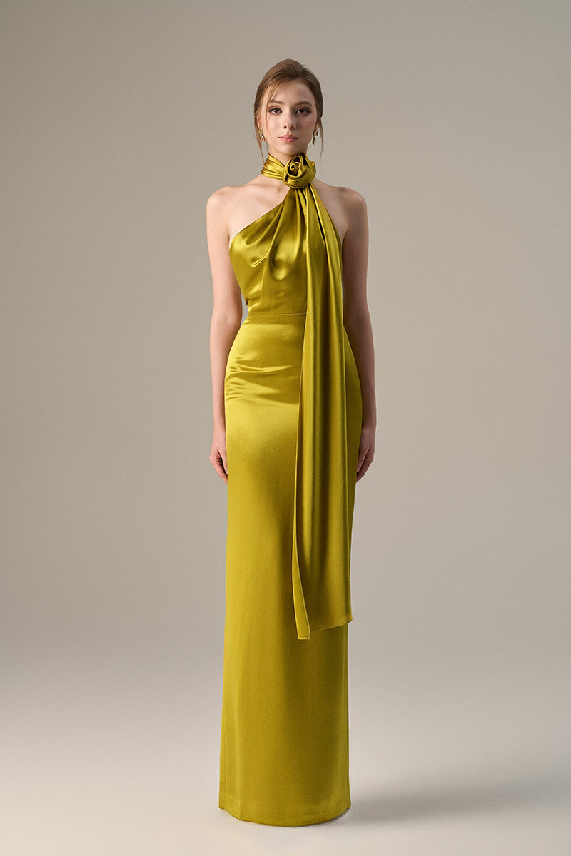 Dark yellow satin silk maxi dress by I.H.F featuring a halter neckline, cross detail, and pleated drape.