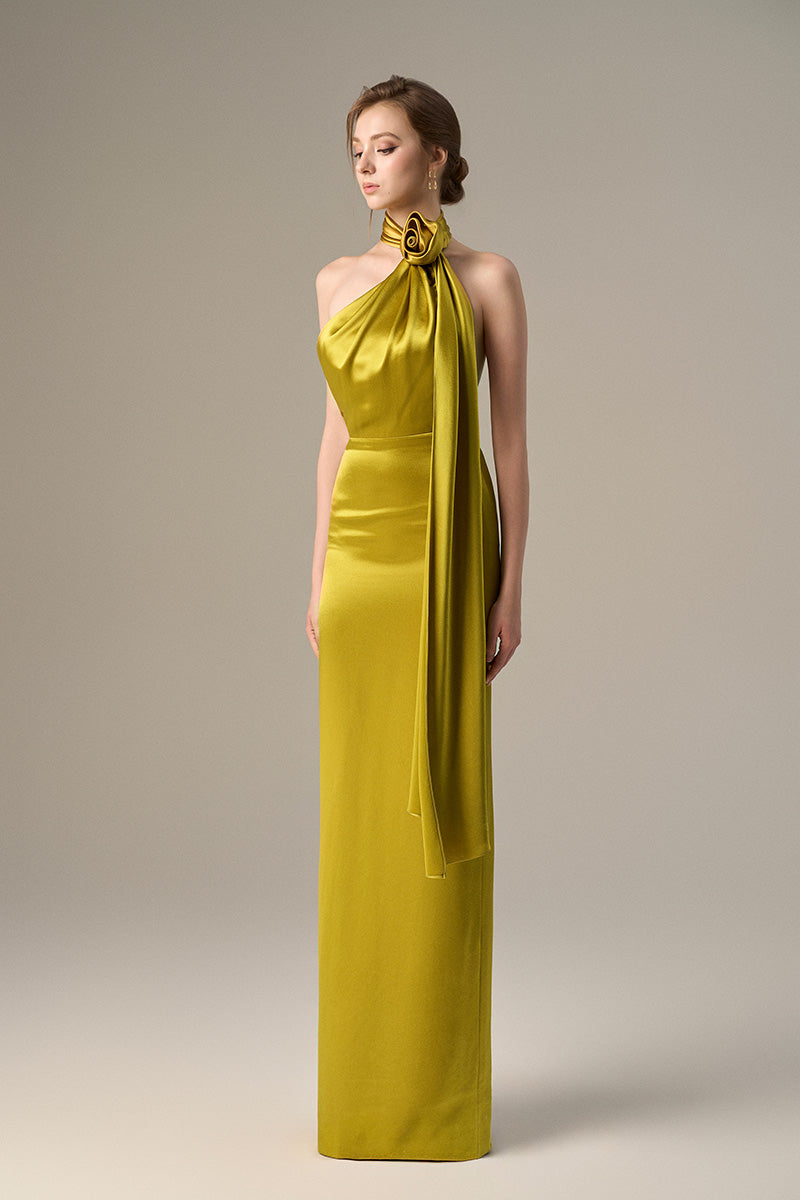 Dark yellow satin halter maxi dress by I.H.F with cross detail and elegant pleated drape on the front.