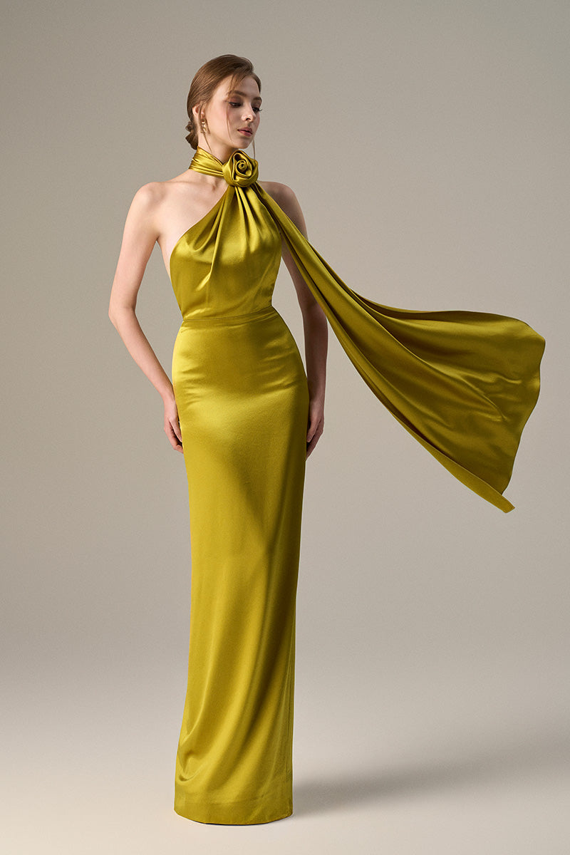 Dark yellow satin silk halter maxi dress with cross detail and pleated drape by I.H.F.