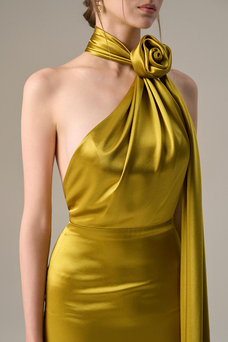 GOLD HALTER DRESS WITH CROSS DETAIL AND PLEATED DRAPE | CULT MIA
