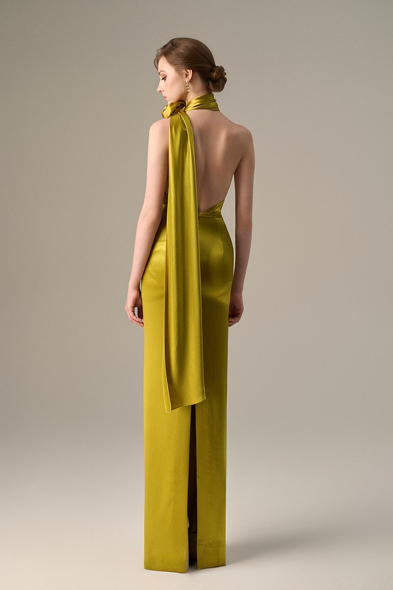Dark yellow satin silk maxi halter dress with cross detail and pleated drape from I.H.F.