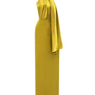 Dark yellow satin halter gown by I.H.F with cross detail and pleated drape, featuring elegant satin silk fabric.