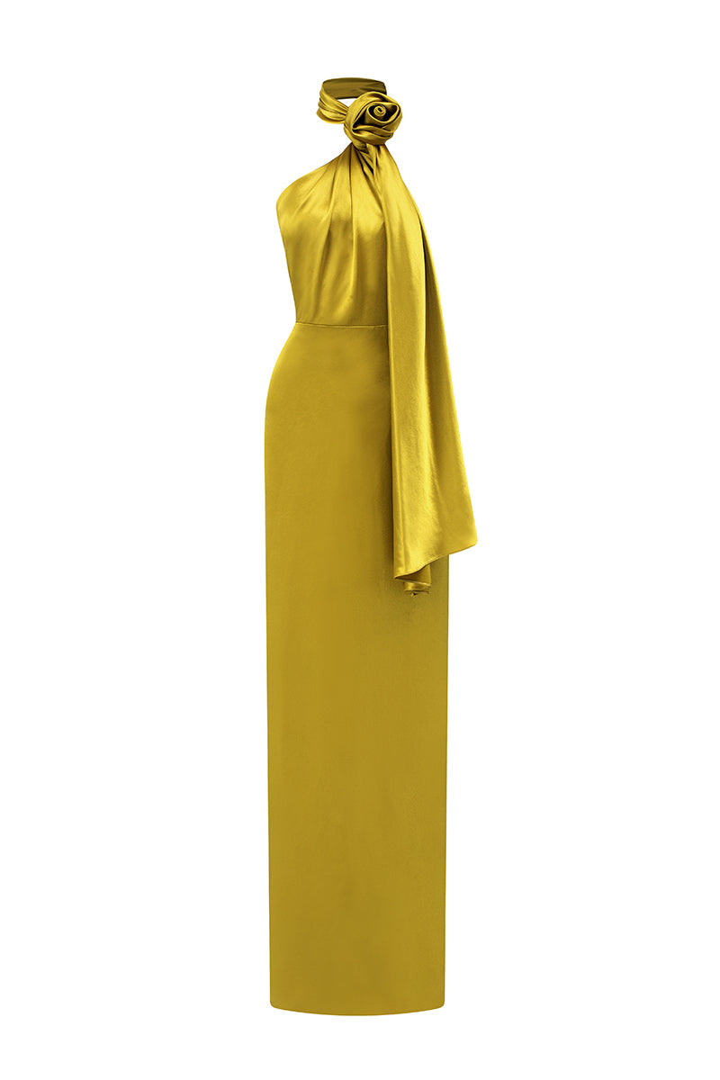 Dark yellow satin halter maxi dress by I.H.F with cross detail and pleated drape for elegant evening wear.