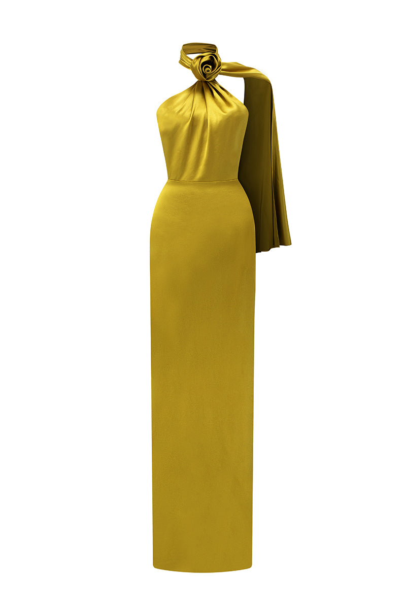 Dark yellow satin silk halter dress with cross detail and pleated drape, by I.H.F, featuring a stylish maxi dress design.