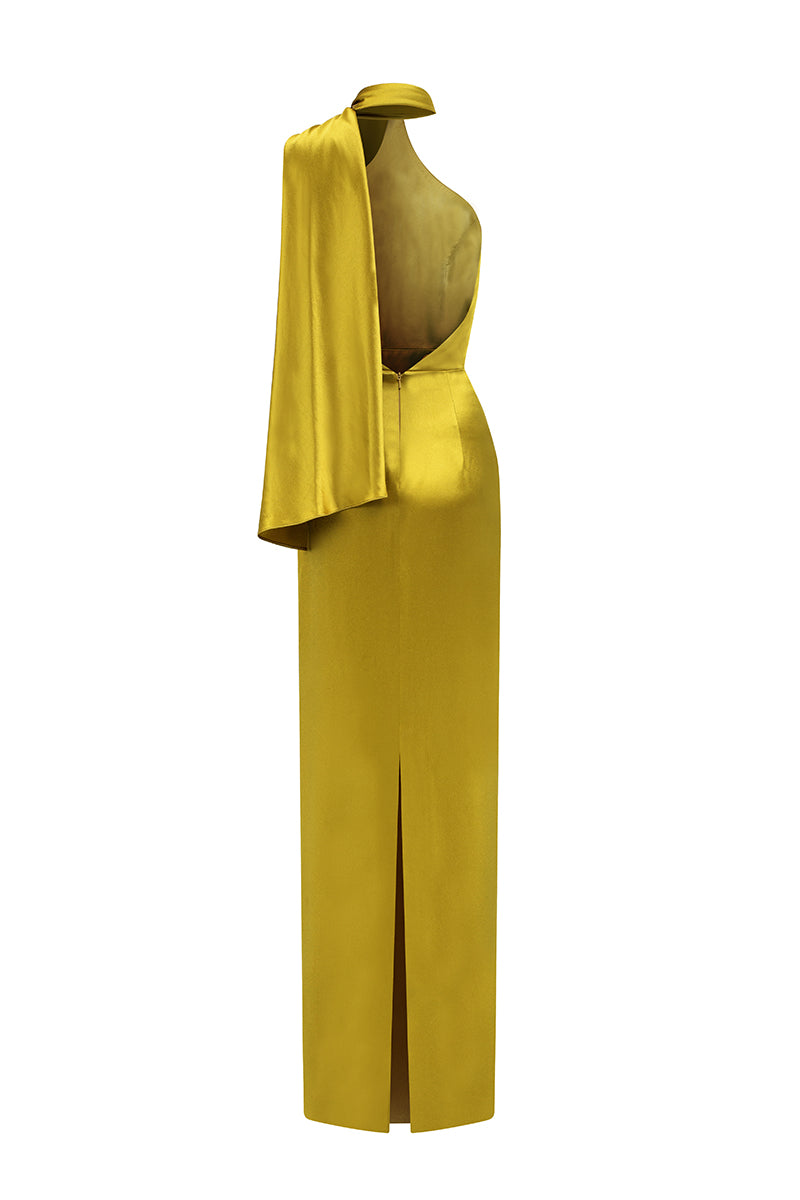 Dark yellow satin halter maxi dress by I.H.F with cross detail and pleated drape, elegant evening wear.