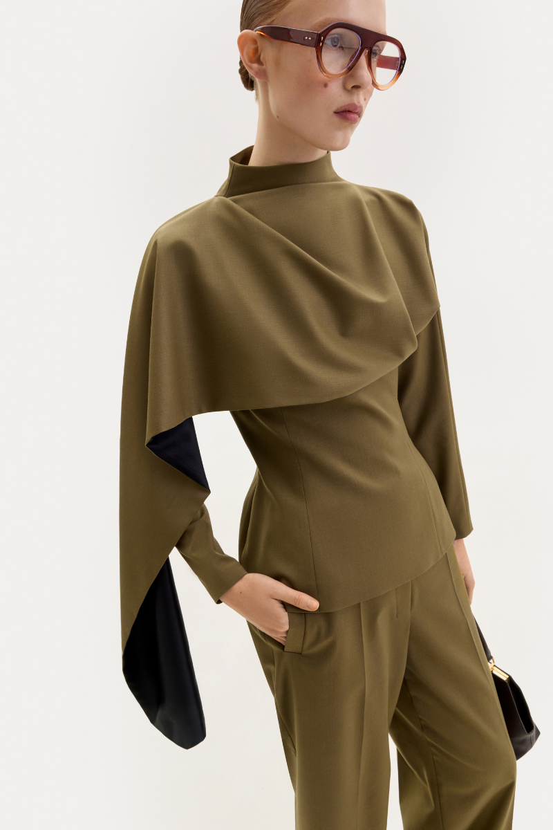 DARK OLIVE WOOL BLOUSE WITH A SCARF - CULT MIA