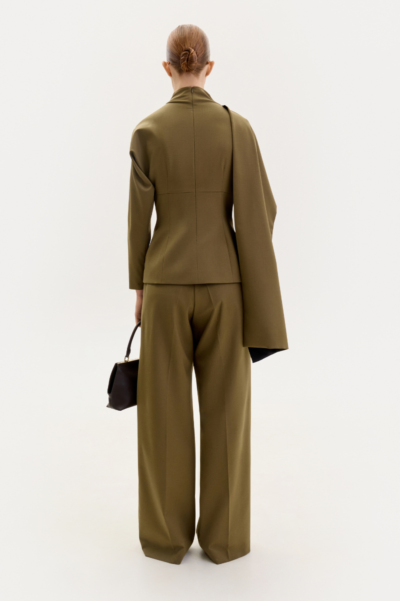 DARK OLIVE WOOL BLOUSE WITH A SCARF - CULT MIA