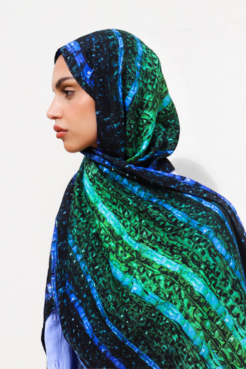 Elegant DARQ Brocot silk scarf by Amel Batita, showcasing intricate brocot pattern and versatile hijab style in a luxurious design.