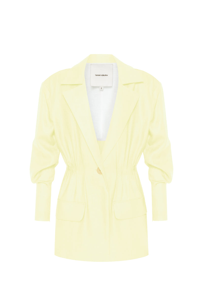 Tamar Keburia Deborah blazer in vibrant lemon yellow, tailored blazer with a fitted design and classic lapel collar.