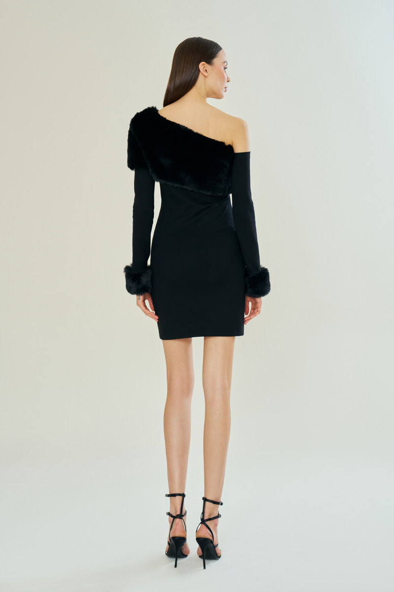 FROSTY NOIR MINI DRESS WITH FUR - CULT MIA