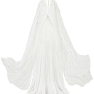White deep V-neck pleated maxi dress by Valenciani, flowing fabric with elegant pleats, perfect for formal or summer occasions.