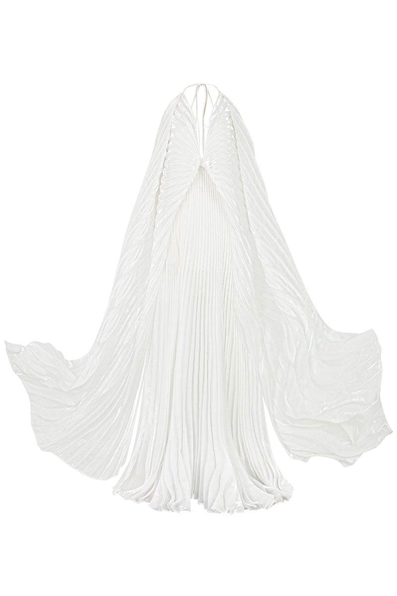 DEEP V-NECK PLEATED MAXI DRESS IN WHITE