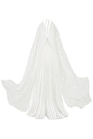White deep V-neck pleated maxi dress by Valenciani, flowing fabric with elegant pleats, perfect for formal or summer occasions.