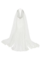 White Valenciani deep V-neck pleated maxi dress displayed on a hanger with flowing fabric and elegant pleats.