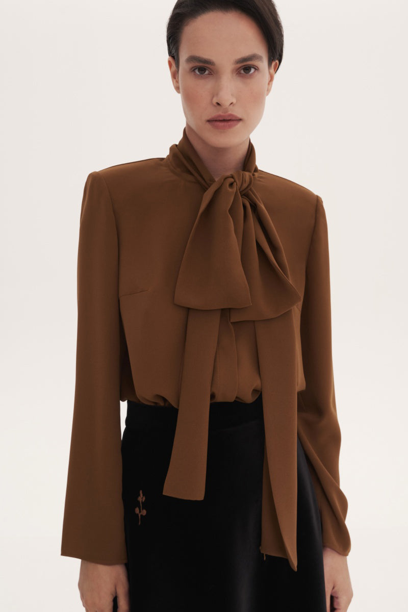 Brown DELEGAN blouse with attached scarf accessory, featuring long sleeves and a stylish, casual design.
