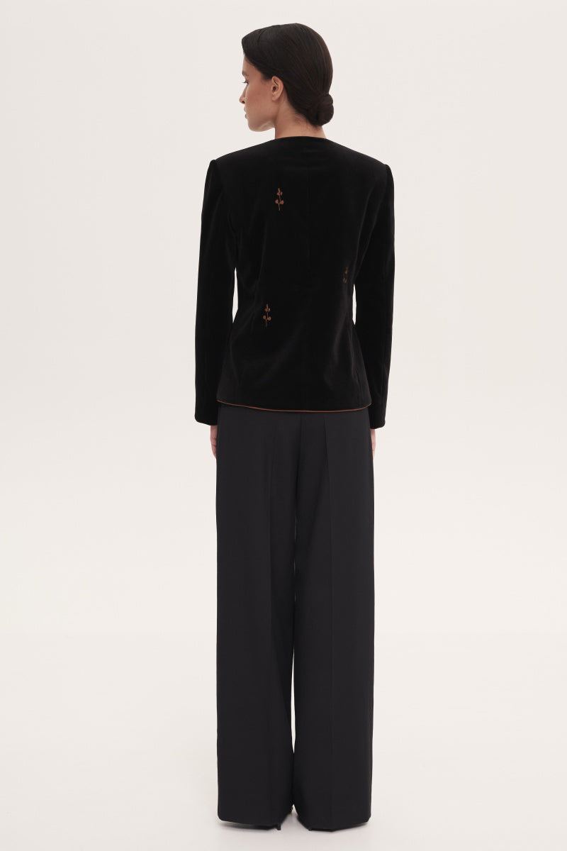 Black Rose embroidered jacket by Delegan, featuring intricate floral embroidery on a stylish jacket.