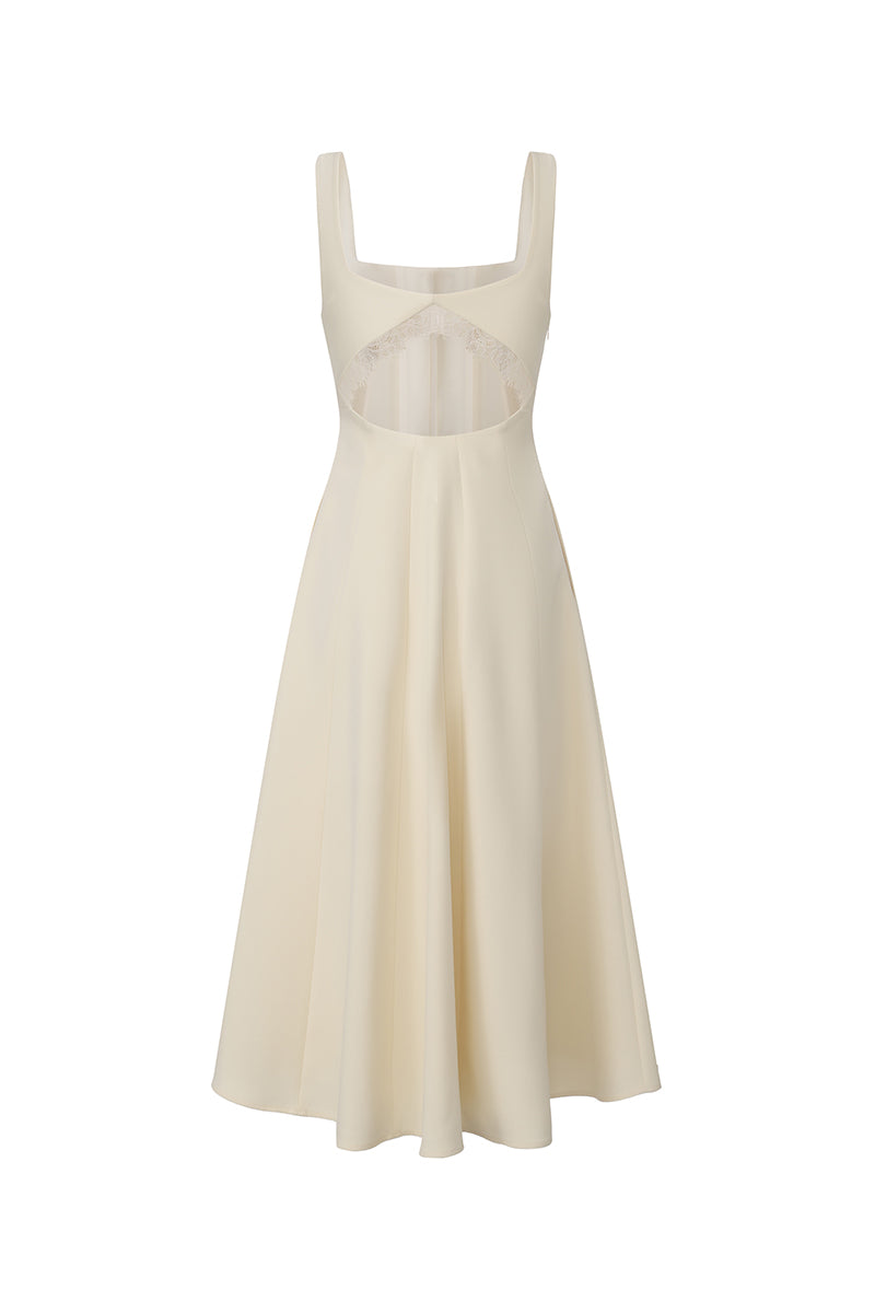 Nana Jacqueline Delilah white midi dress with cut-out details, shown from the back in a stylish champagne color.