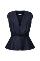 Navy blue DELLA top by ANA + MARIA displayed on a ghost mannequin, showcasing a stylish sleeveless blouse with a high neckline.