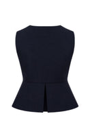 Navy blue Della top from ANA + MARIA displayed on a ghost mannequin, showcasing its fitted style and soft fabric.