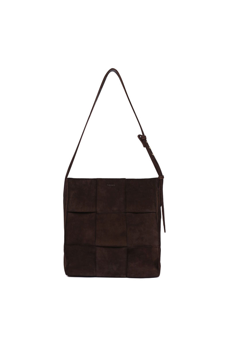 TUEAM'S Della shopper shoulder bag in brown suede with spacious interior and stylish design.