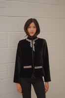 Nadya Shah Delphine velvet jacket in rich emerald green, featuring a tailored fit with long sleeves and a stylish collar.