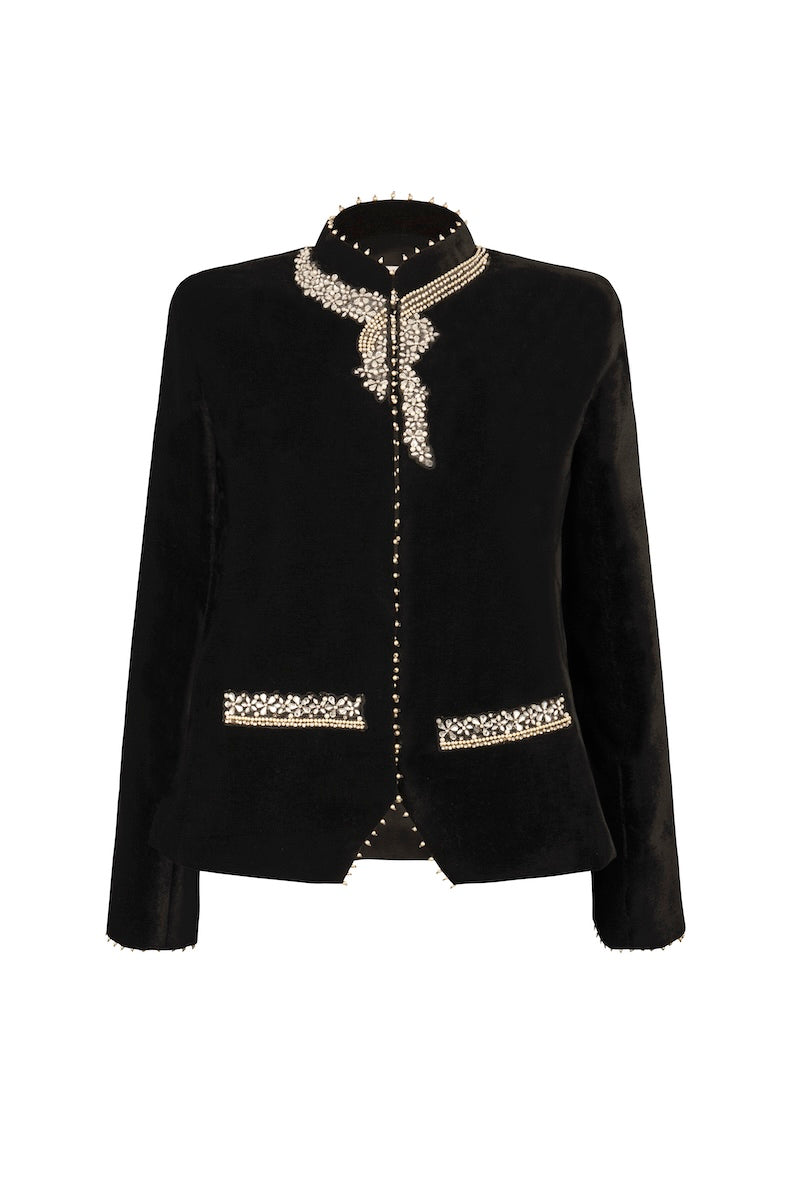 Nadya Shah Delphine velvet jacket displayed on a mannequin, front view showcasing luxurious fabric and tailored fit.