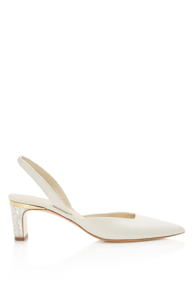 Ivory leather Delphine pearl heels by Freya Rose featuring elegant design and stylish high heel footwear.
