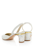 Ivory leather Delphine pearl heels by Freya Rose featuring elegant pointed toes and pearl embellishments.