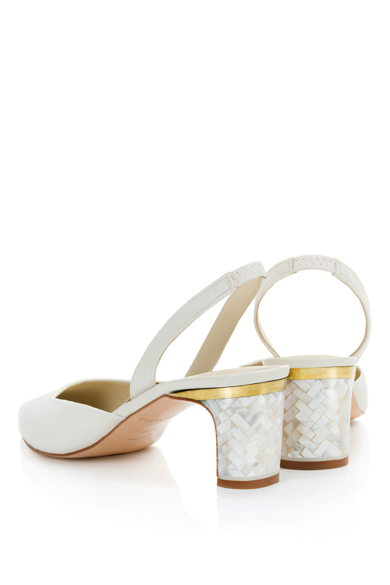Ivory leather Delphine pearl heels by Freya Rose featuring elegant pointed toes and pearl embellishments.