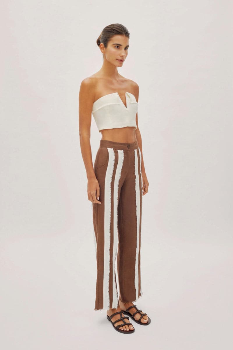 DELPHINE CAPPUCCINO AND WHITE LINEN FRINGE STRIPED TROUSERS - CULT MIA