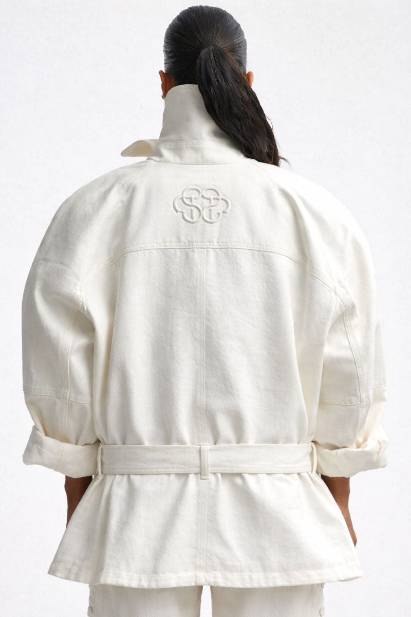 White denim jacket by Santa Brands, stylish casual outerwear with classic button details and a fitted design.