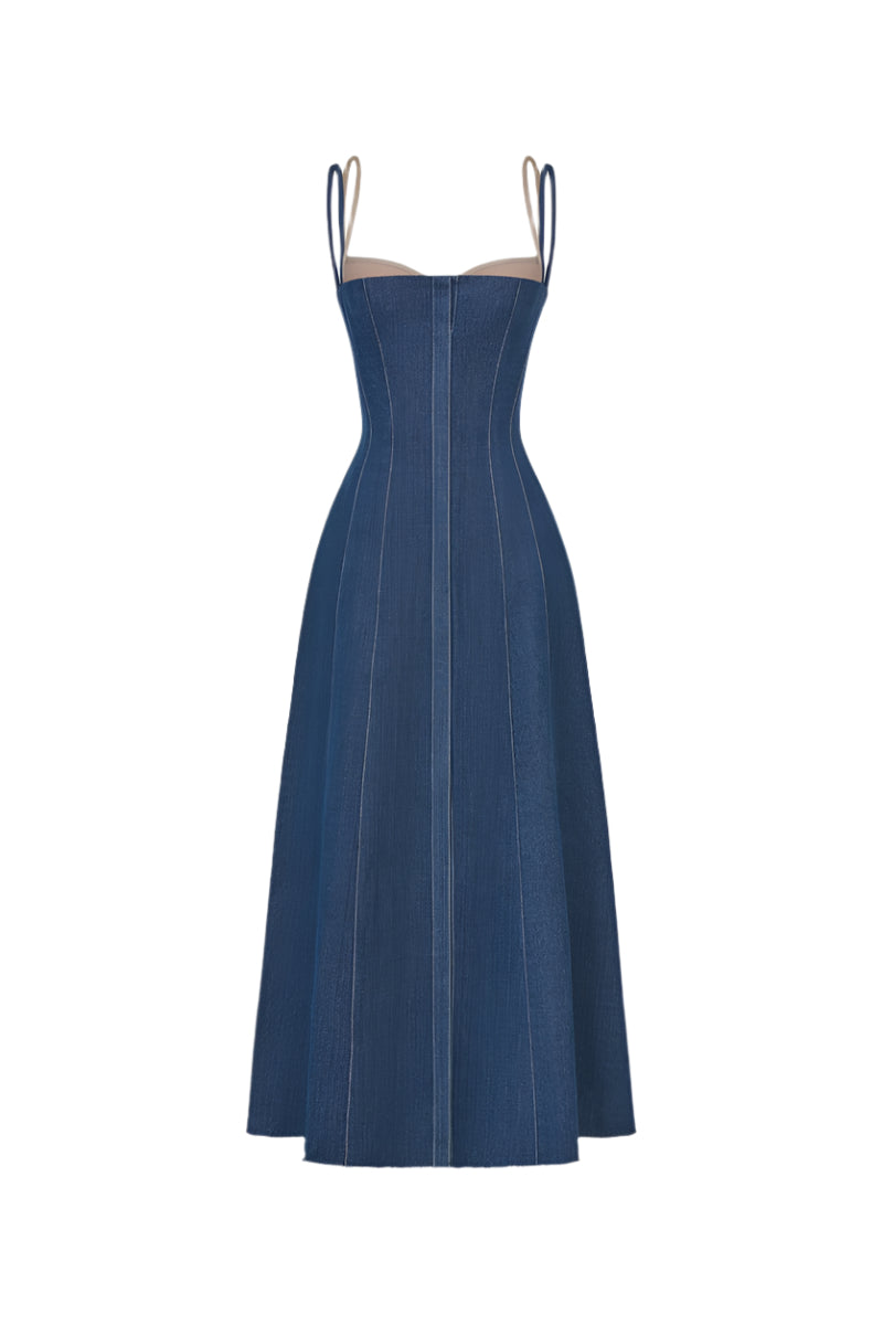 DENIM BLUE CORSET MIDI DRESS - CULT MIA