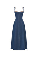 Montsand denim blue corset midi dress featuring a fitted bodice and flowing skirt, perfect for casual or semi-formal occasions.