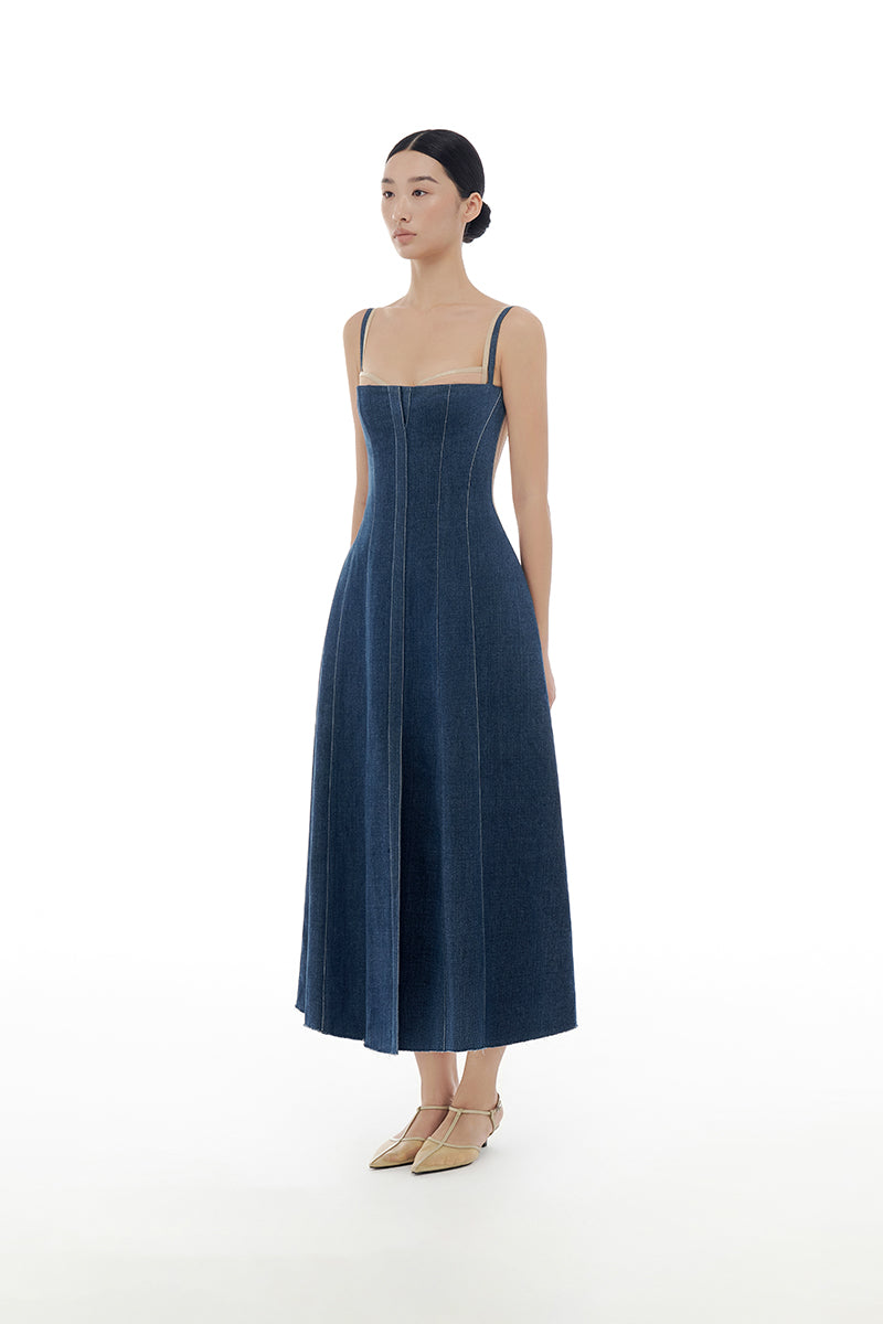 DENIM BLUE CORSET MIDI DRESS - CULT MIA