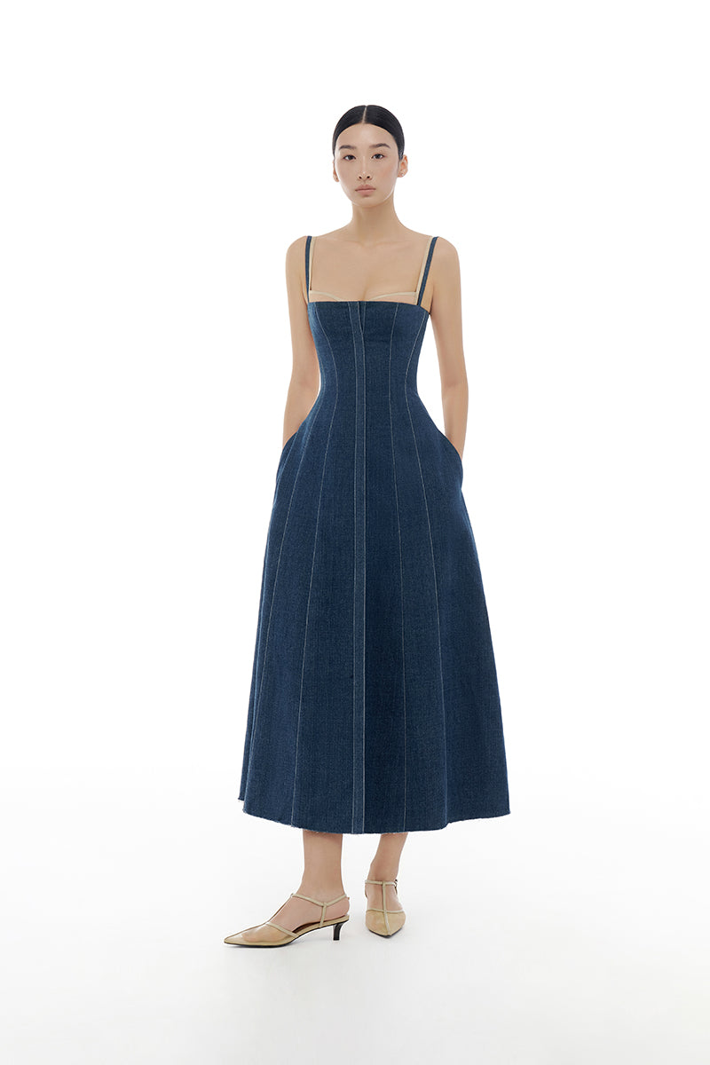 DENIM BLUE CORSET MIDI DRESS - CULT MIA