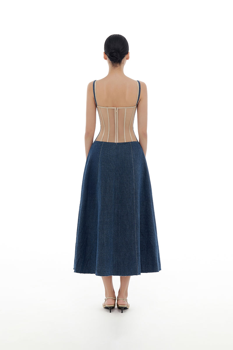 DENIM BLUE CORSET MIDI DRESS - CULT MIA