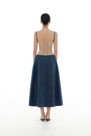 Montsand denim blue corset midi dress featuring a fitted bodice and flowing skirt, perfect for stylish casual or evening wear.