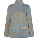 Nadya Shah Daley denim cargo jacket on a mannequin, front view showcasing classic denim fabric and cargo pocket details.